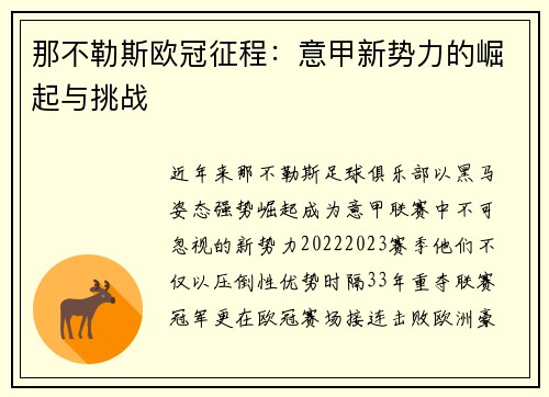 那不勒斯欧冠征程：意甲新势力的崛起与挑战