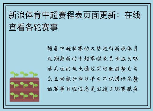 新浪体育中超赛程表页面更新：在线查看各轮赛事